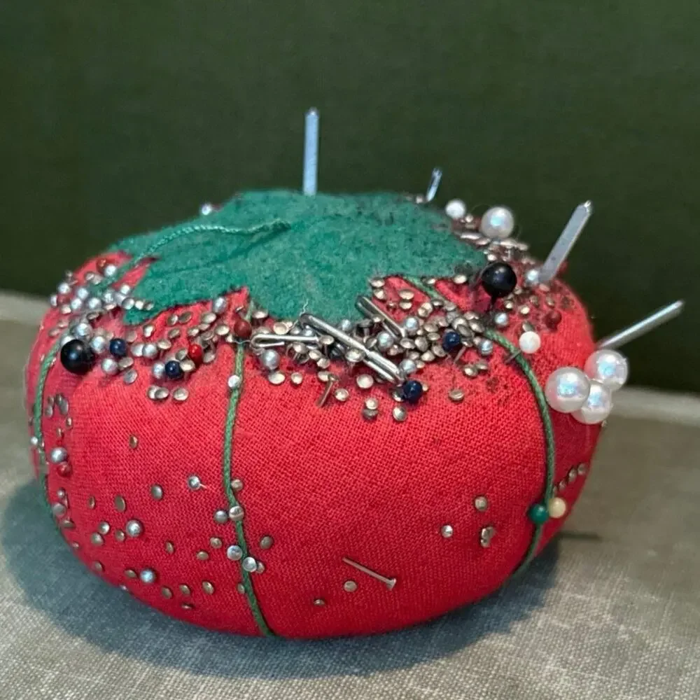 Vintage Tomato Pin Cushion • Fully Loaded • Estate Pins